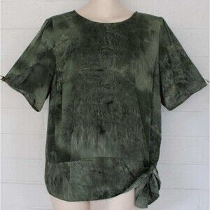 Vera Wang Large Moss Green Mottled Print Pullover Side Tie Hem Top